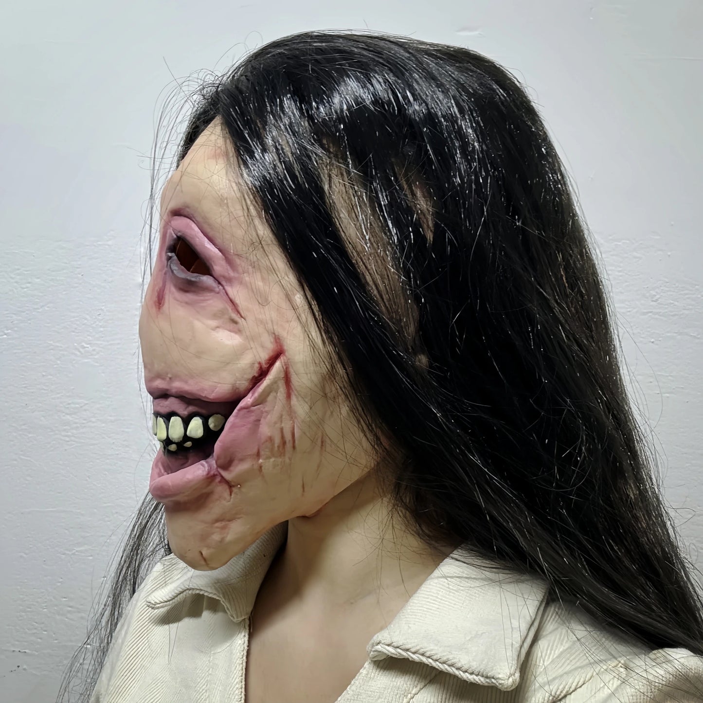 Slit Mouth Woman Mask Scary Female Ghost Hair Creepy Smile Horror Latex Face Cover Halloween Costume Cosplay Party Props Adults