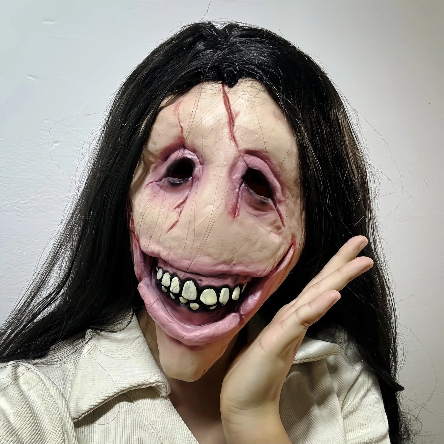Slit Mouth Woman Mask Scary Female Ghost Hair Creepy Smile Horror Latex Face Cover Halloween Costume Cosplay Party Props Adults