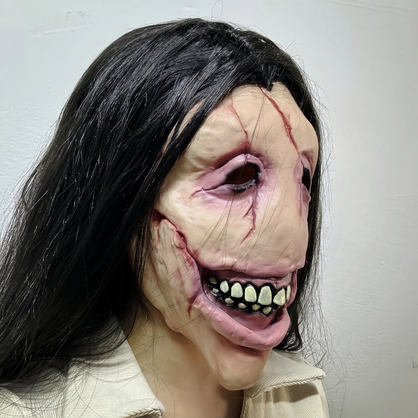 Slit Mouth Woman Mask Scary Female Ghost Hair Creepy Smile Horror Latex Face Cover Halloween Costume Cosplay Party Props Adults
