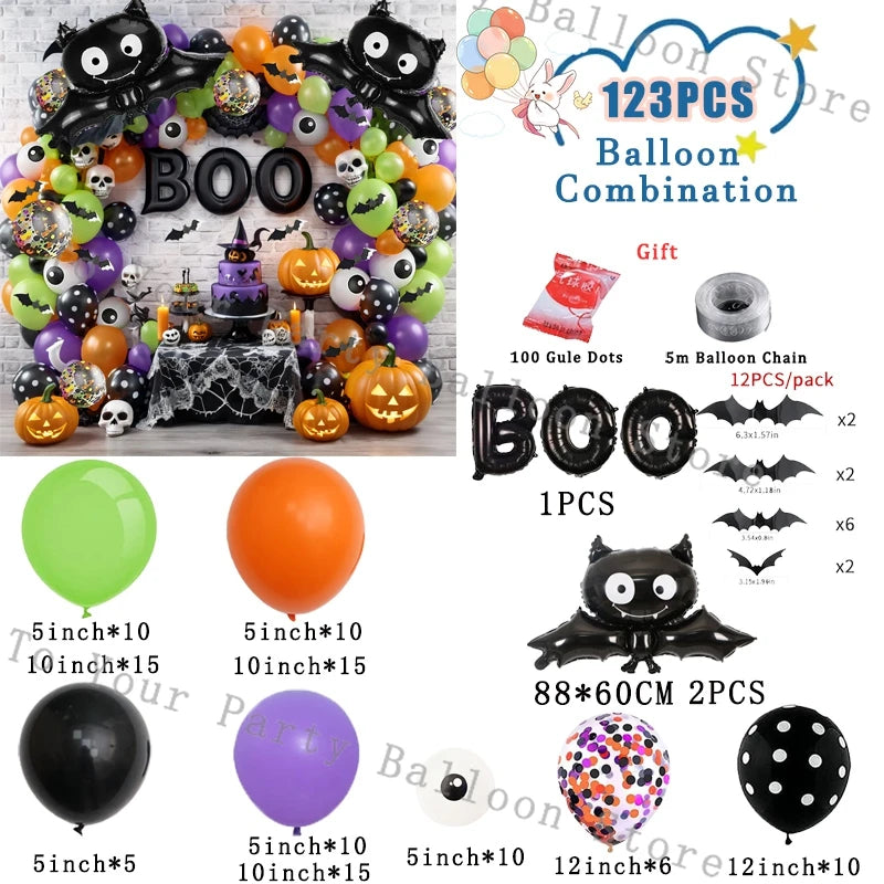 Halloween Bat Balloon Garland Arch Kit Black Orange Balloon 3D Bat Spider Sticker Eye Pumpkin Halloween Party Decoration Supplies