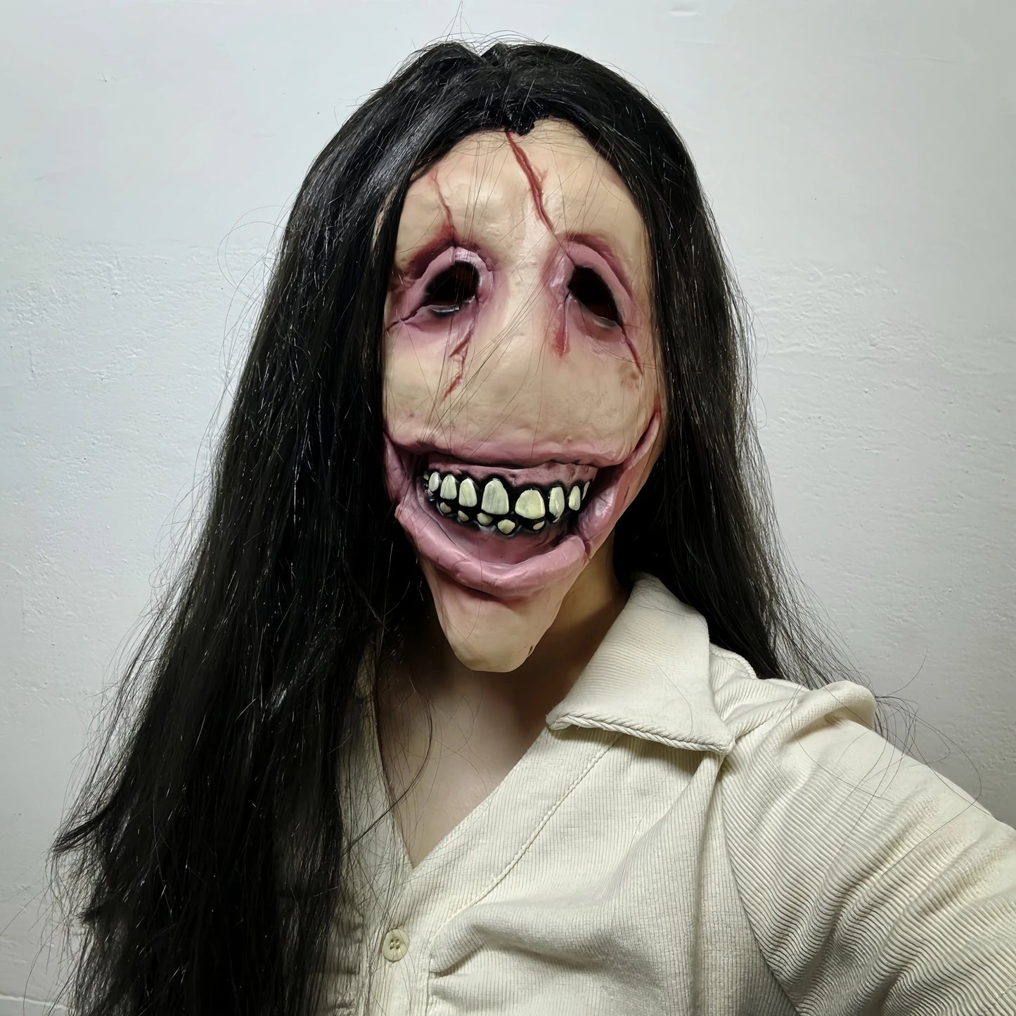 Slit Mouth Woman Mask Scary Female Ghost Hair Creepy Smile Horror Latex Face Cover Halloween Costume Cosplay Party Props Adults