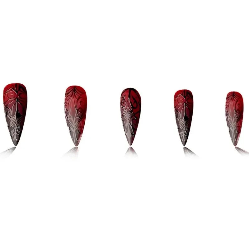 24pcs Red Black Gradient Gothic Fake Nails Press on Nails Long Almond Tree Stripes Designs Punk Frosted False Nails Stiletto