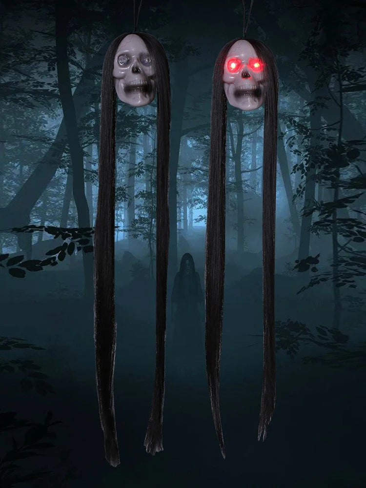 Halloween Hanging Ghost Skull with Long Hair Glowing Eyes Terror Skull Ghost House Head Skeleton Props Horror Decoration