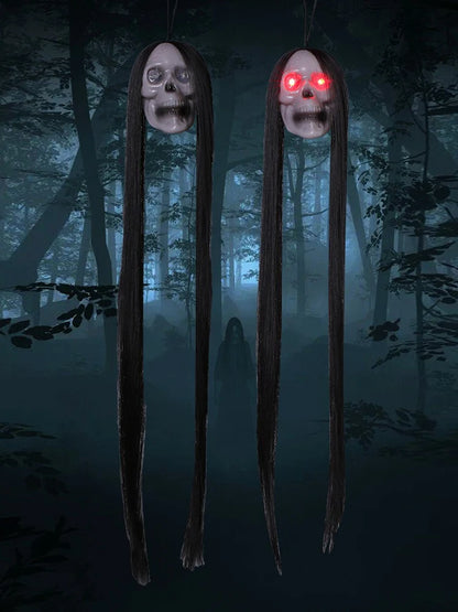 Halloween Hanging Ghost Skull with Long Hair Glowing Eyes Terror Skull Ghost House Head Skeleton Props Horror Decoration