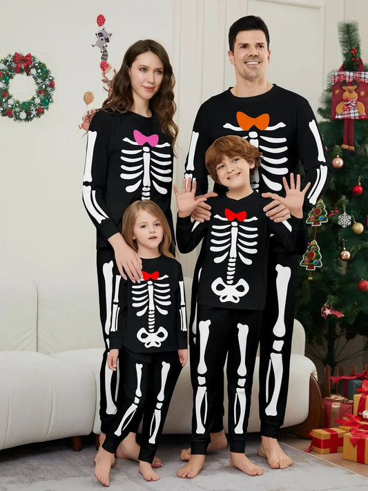 Happy Halloween Family Matching Outfits Skeleton Print Parent-child