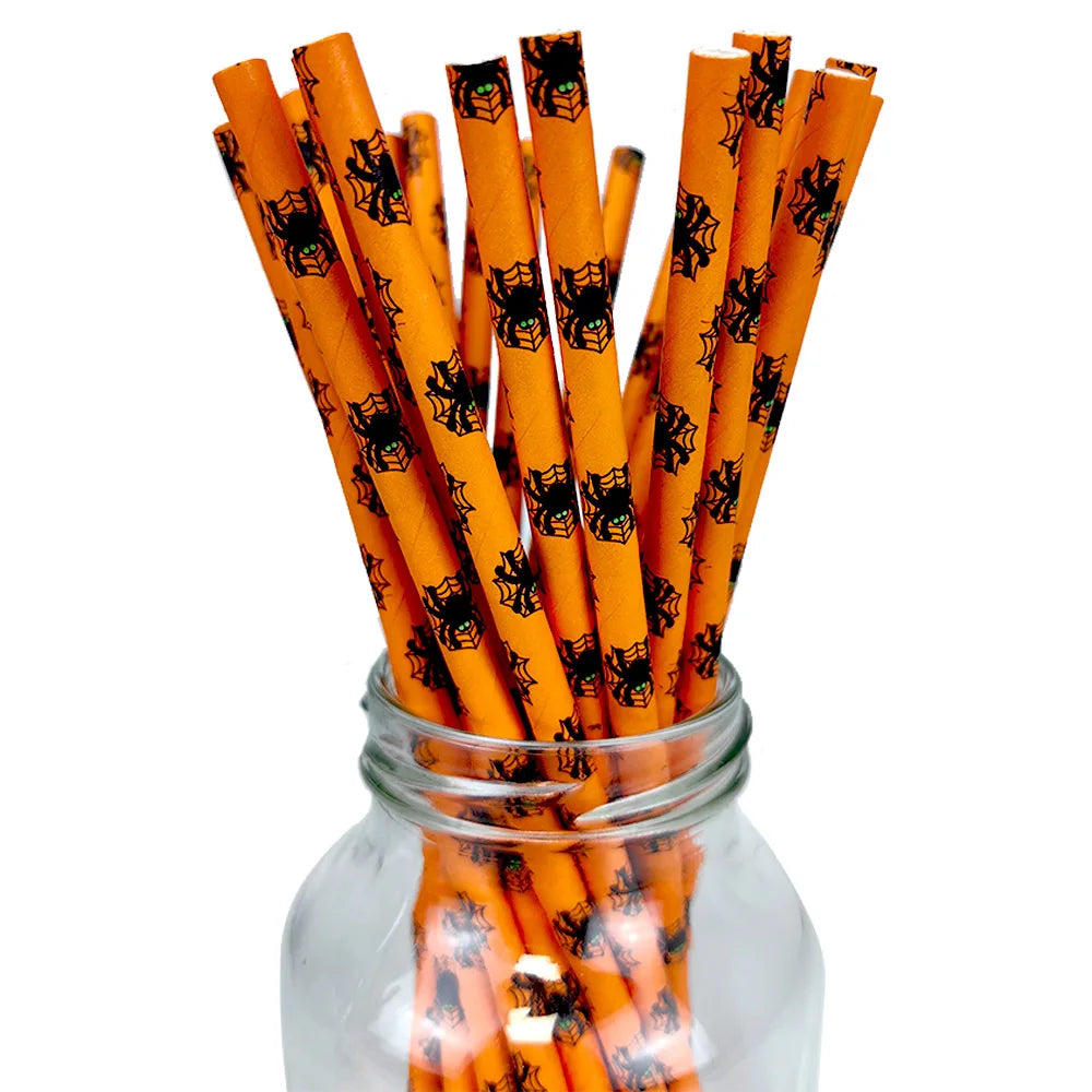 25/50/100pcs Halloween Theme Disposable Paper Straws Spider Skull Pumpkin Bat Pattern Happy Halloween Party Decor Supplies