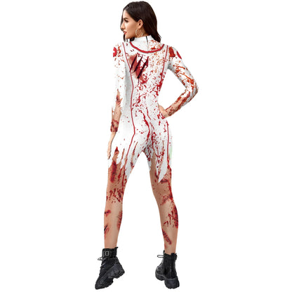 Halloween Cosplay Costumes Women Jumpsuit  Adult Scary Blood Scar 3D Print Nurse Uniform Sexy Slim Terror Party Bodysuit Zenti