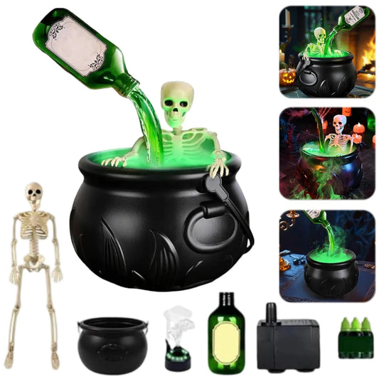 Witch Bowl Spooky Witch Mist Maker Floating Bottle Black Plastic Cauldron & Skeleton  Decor LED