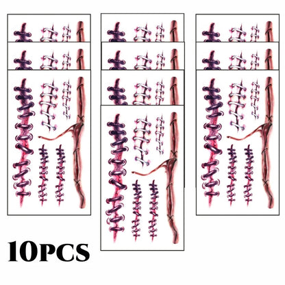 10pcs 3D Fake Scar Tattoos Sticker Body Face Realistic Scab Temporary Tattoos Halloween Horror Wound Bloody DIY Makeup Stickers