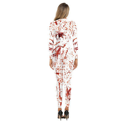 Halloween Cosplay Costumes Women Jumpsuit  Adult Scary Blood Scar 3D Print Nurse Uniform Sexy Slim Terror Party Bodysuit Zenti