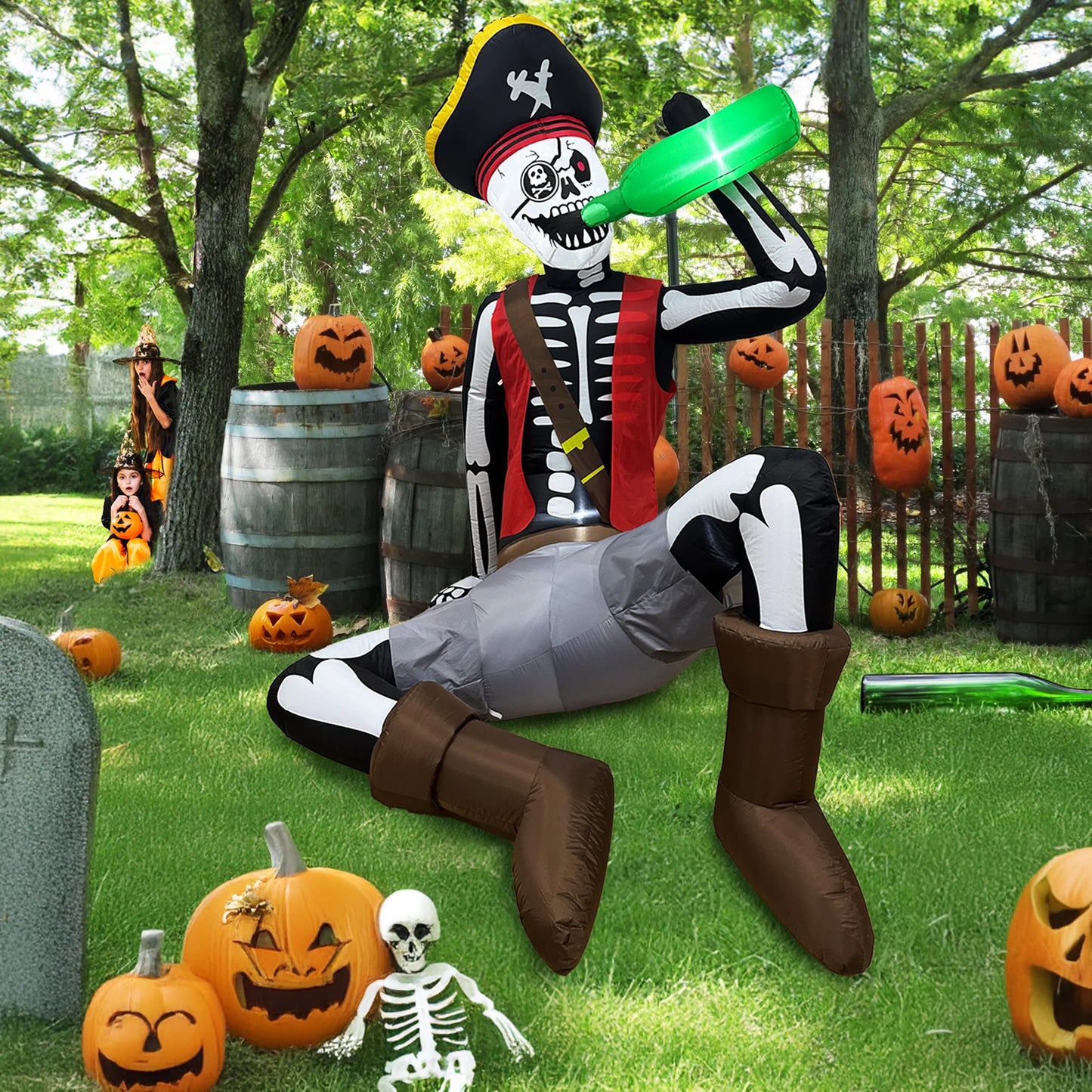OurWarm Halloween Inflatables  Skeleton Decorations Pirate Skeleton Sitting and Drinking , for Yard, Garden, Cemetery