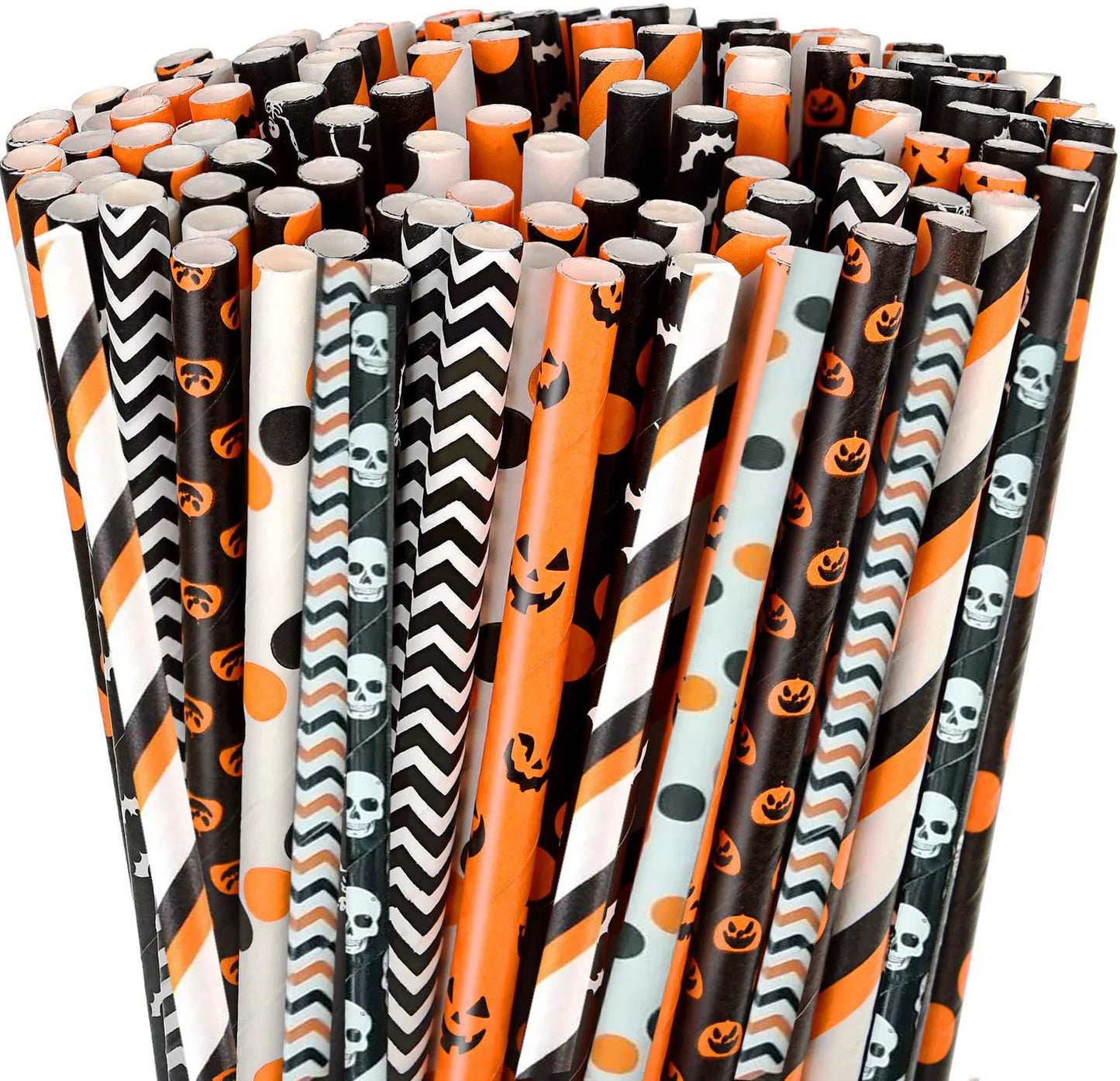 25/50/100pcs Halloween Theme Disposable Paper Straws Spider Skull Pumpkin Bat Pattern Happy Halloween Party Decor Supplies