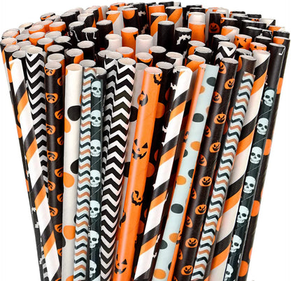 25/50/100pcs Halloween Theme Disposable Paper Straws Spider Skull Pumpkin Bat Pattern Happy Halloween Party Decor Supplies