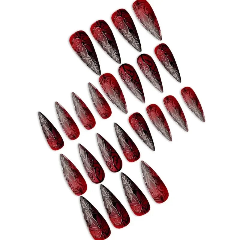 24pcs Red Black Gradient Gothic Fake Nails Press on Nails Long Almond Tree Stripes Designs Punk Frosted False Nails Stiletto