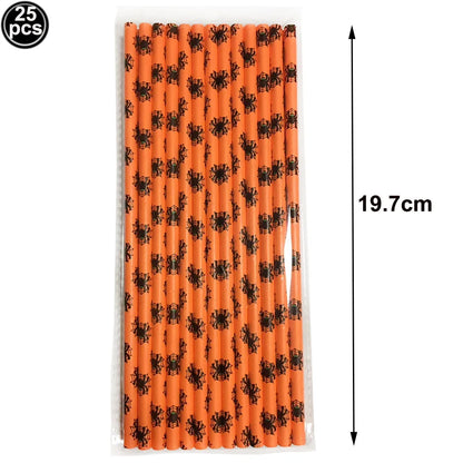25/50/100pcs Halloween Theme Disposable Paper Straws Spider Skull Pumpkin Bat Pattern Happy Halloween Party Decor Supplies