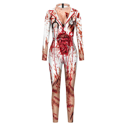 Halloween Cosplay Costumes Women Jumpsuit  Adult Scary Blood Scar 3D Print Nurse Uniform Sexy Slim Terror Party Bodysuit Zenti