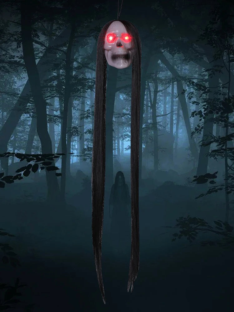Halloween Hanging Ghost Skull with Long Hair Glowing Eyes Terror Skull Ghost House Head Skeleton Props Horror Decoration
