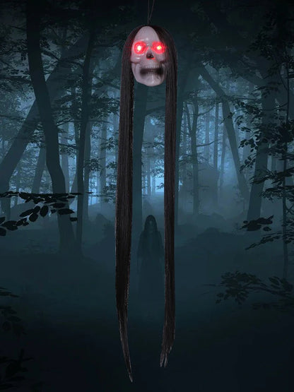 Halloween Hanging Ghost Skull with Long Hair Glowing Eyes Terror Skull Ghost House Head Skeleton Props Horror Decoration