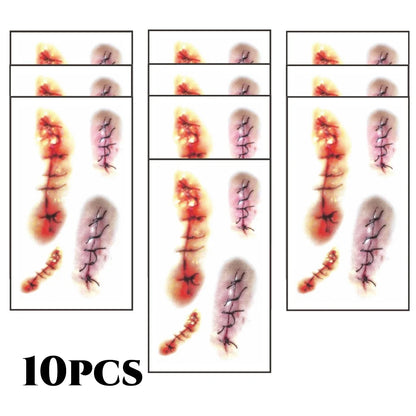 10pcs 3D Fake Scar Tattoos Sticker Body Face Realistic Scab Temporary Tattoos Halloween Horror Wound Bloody DIY Makeup Stickers