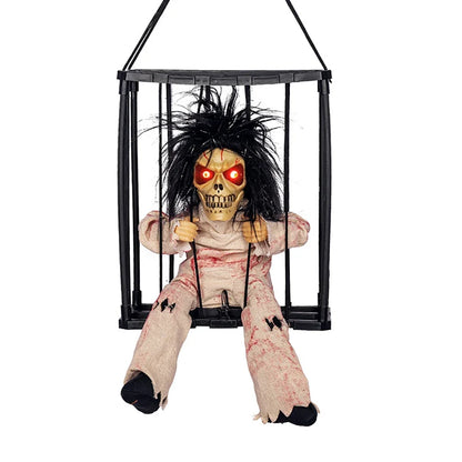 Halloween Scary Skull Decoration Hangable Talking Ghost Prop with Glowing Eye Sound Doll Electric Skeleton Toy in Prisoner Cage