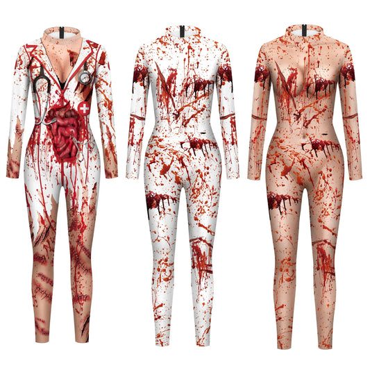 Halloween Cosplay Costumes Women Jumpsuit  Adult Scary Blood Scar 3D Print Nurse Uniform Sexy Slim Terror Party Bodysuit Zenti