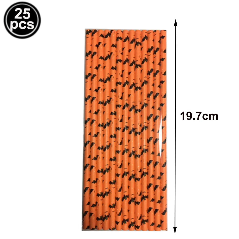 25/50/100pcs Halloween Theme Disposable Paper Straws Spider Skull Pumpkin Bat Pattern Happy Halloween Party Decor Supplies