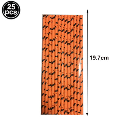 25/50/100pcs Halloween Theme Disposable Paper Straws Spider Skull Pumpkin Bat Pattern Happy Halloween Party Decor Supplies