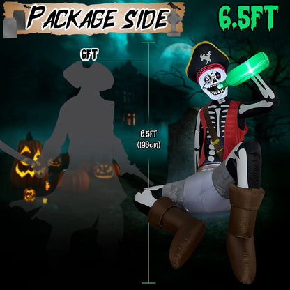 OurWarm Halloween Inflatables  Skeleton Decorations Pirate Skeleton Sitting and Drinking , for Yard, Garden, Cemetery