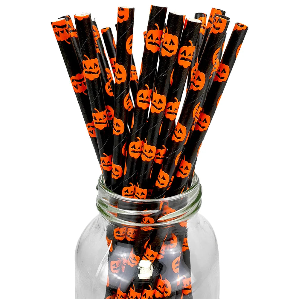 25/50/100pcs Halloween Theme Disposable Paper Straws Spider Skull Pumpkin Bat Pattern Happy Halloween Party Decor Supplies