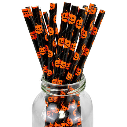 25/50/100pcs Halloween Theme Disposable Paper Straws Spider Skull Pumpkin Bat Pattern Happy Halloween Party Decor Supplies