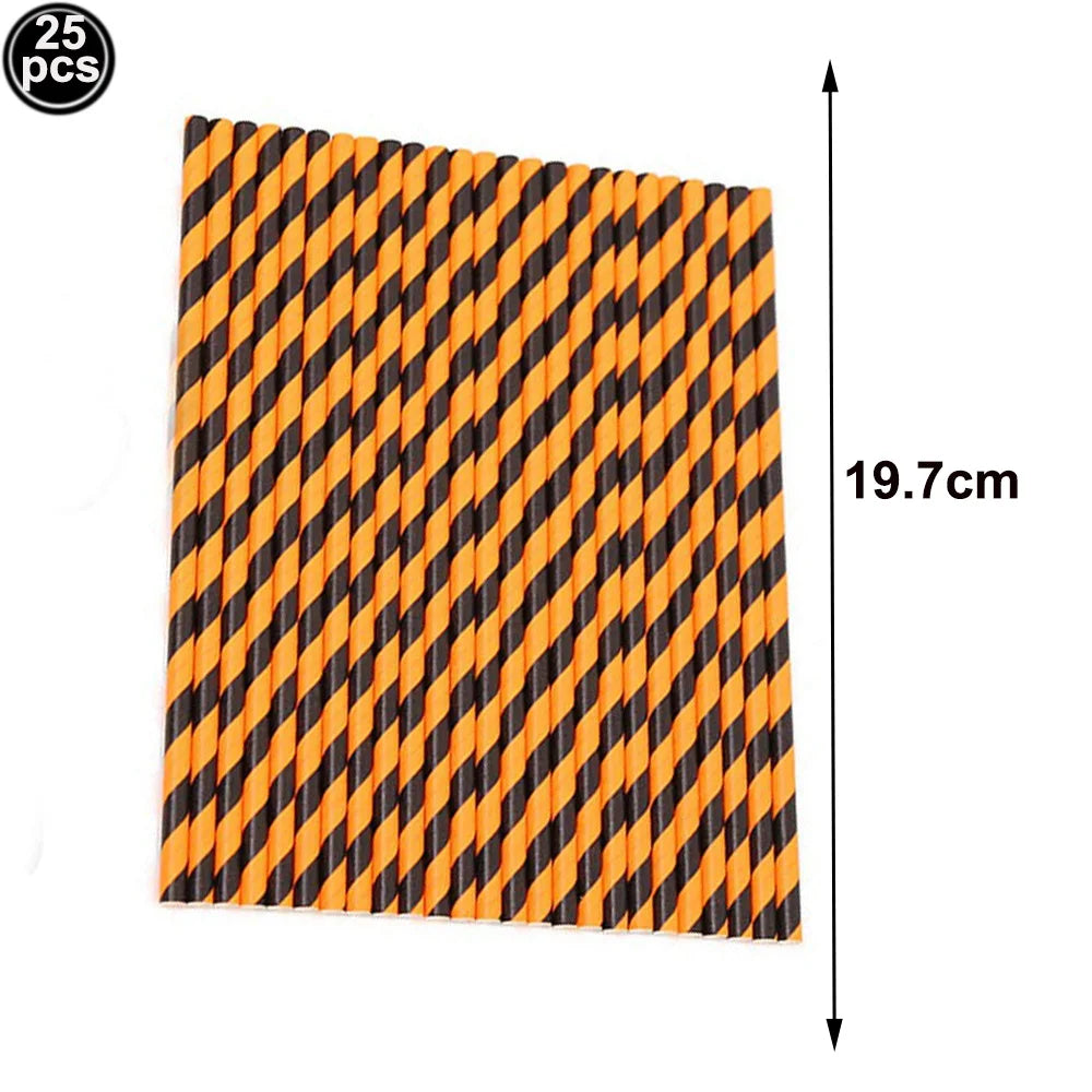 25/50/100pcs Halloween Theme Disposable Paper Straws Spider Skull Pumpkin Bat Pattern Happy Halloween Party Decor Supplies