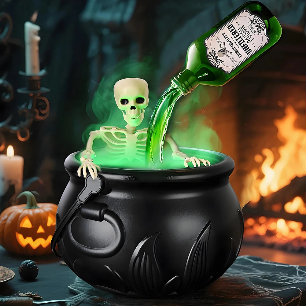 Witch Bowl Spooky Witch Mist Maker Floating Bottle Black Plastic Cauldron & Skeleton  Decor LED
