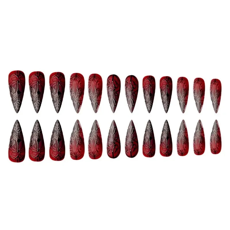 24pcs Red Black Gradient Gothic Fake Nails Press on Nails Long Almond Tree Stripes Designs Punk Frosted False Nails Stiletto