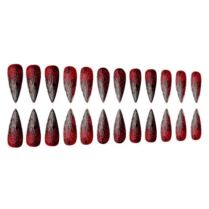 24pcs Red Black Gradient Gothic Fake Nails Press on Nails Long Almond Tree Stripes Designs Punk Frosted False Nails Stiletto