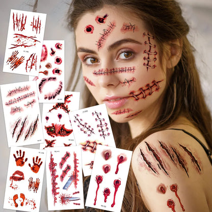 24Sheets Halloween 3D Fake Scar Temporary Tattoos for Adutls, Horror Fake Tattoos Fake Bloody Wound Temporary Zombie Tattoos For