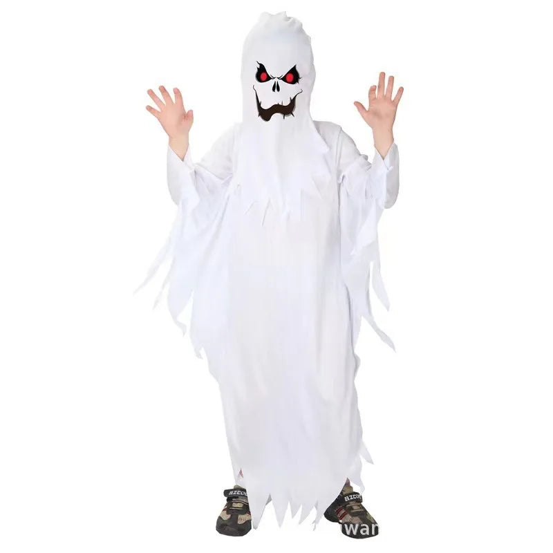 Child Boy Girl Scary White Ghost Halloween Cloak Kids Party Fancy Dress Horror Cape Cosplay Costume Masquerade Carnival Cloak