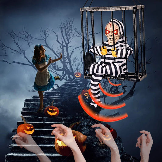 Halloween Scary Skull Decoration Hangable Talking Ghost Prop with Glowing Eye Sound Doll Electric Skeleton Toy in Prisoner Cage