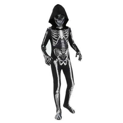 Scary Halloween Horror Kid Skeleton Costume Black Hooded Grim Reaper Dress Up Boy Ghostbusters Costume Mardi Gras Party Costume
