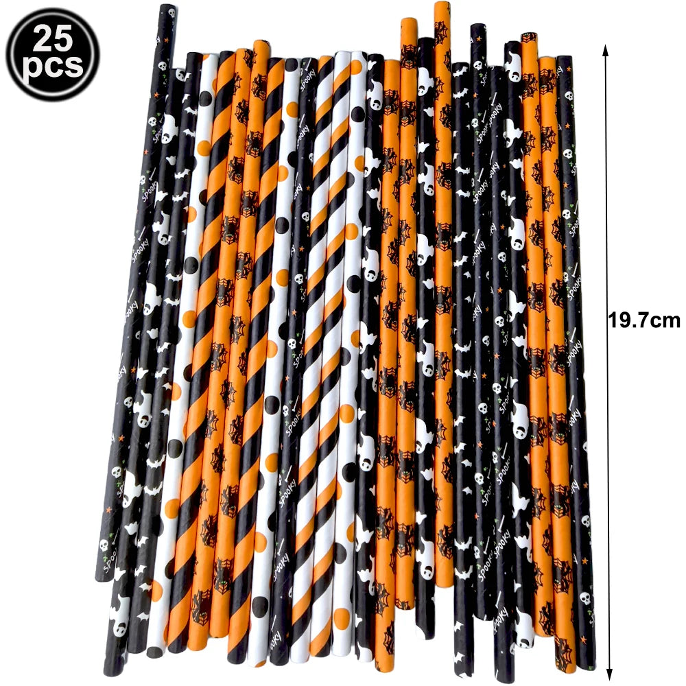 25/50/100pcs Halloween Theme Disposable Paper Straws Spider Skull Pumpkin Bat Pattern Happy Halloween Party Decor Supplies