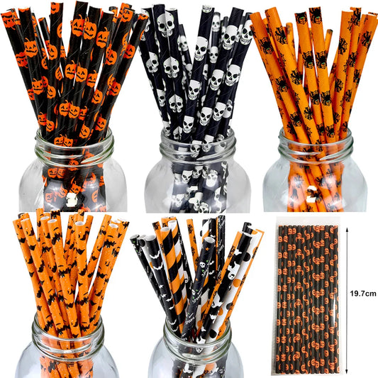 25/50/100pcs Halloween Theme Disposable Paper Straws Spider Skull Pumpkin Bat Pattern Happy Halloween Party Decor Supplies