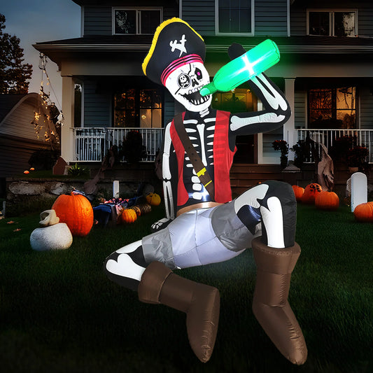 OurWarm Halloween Inflatables  Skeleton Decorations Pirate Skeleton Sitting and Drinking , for Yard, Garden, Cemetery