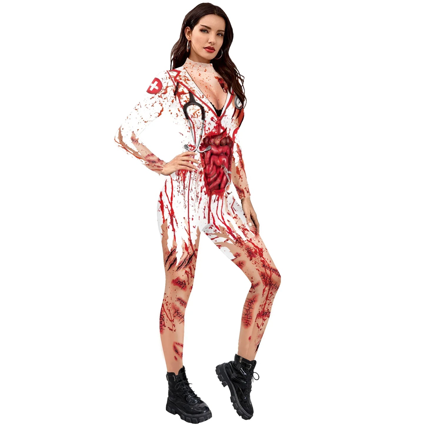 Halloween Cosplay Costumes Women Jumpsuit  Adult Scary Blood Scar 3D Print Nurse Uniform Sexy Slim Terror Party Bodysuit Zenti