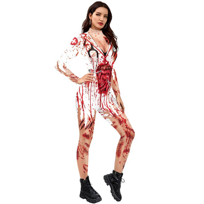 Halloween Cosplay Costumes Women Jumpsuit  Adult Scary Blood Scar 3D Print Nurse Uniform Sexy Slim Terror Party Bodysuit Zenti
