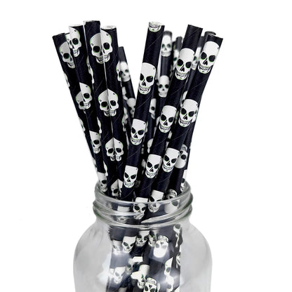 25/50/100pcs Halloween Theme Disposable Paper Straws Spider Skull Pumpkin Bat Pattern Happy Halloween Party Decor Supplies