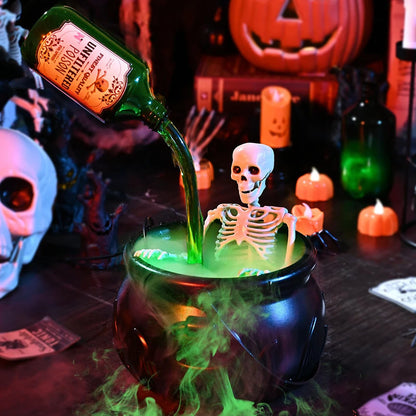 Witch Bowl Spooky Witch Mist Maker Floating Bottle Black Plastic Cauldron & Skeleton  Decor LED