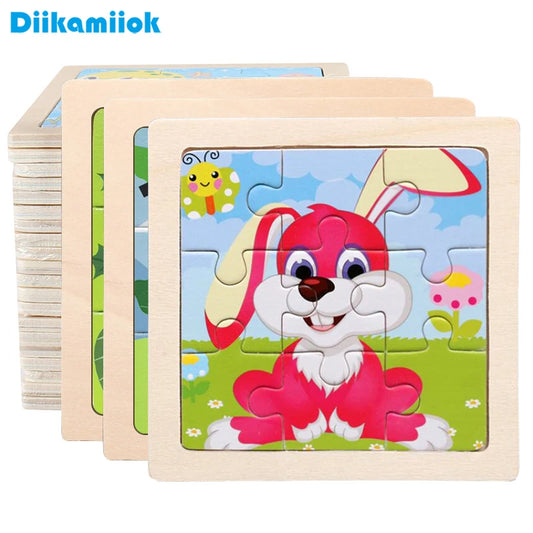 Holzpuzzle für Kinder, 11 cm / 4,33 Zoll, mit Motiven von Comictieren und -fahrzeugen.