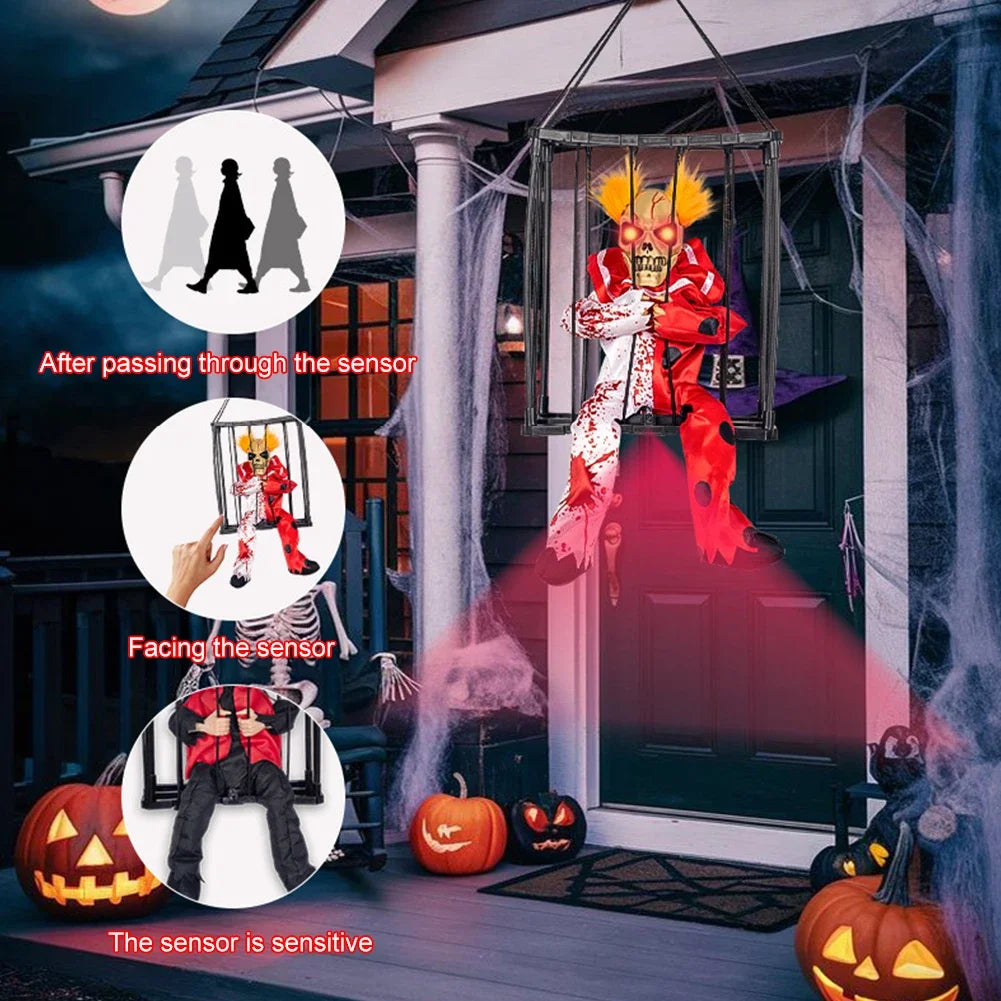 Halloween Scary Skull Decoration Hangable Talking Ghost Prop with Glowing Eye Sound Doll Electric Skeleton Toy in Prisoner Cage