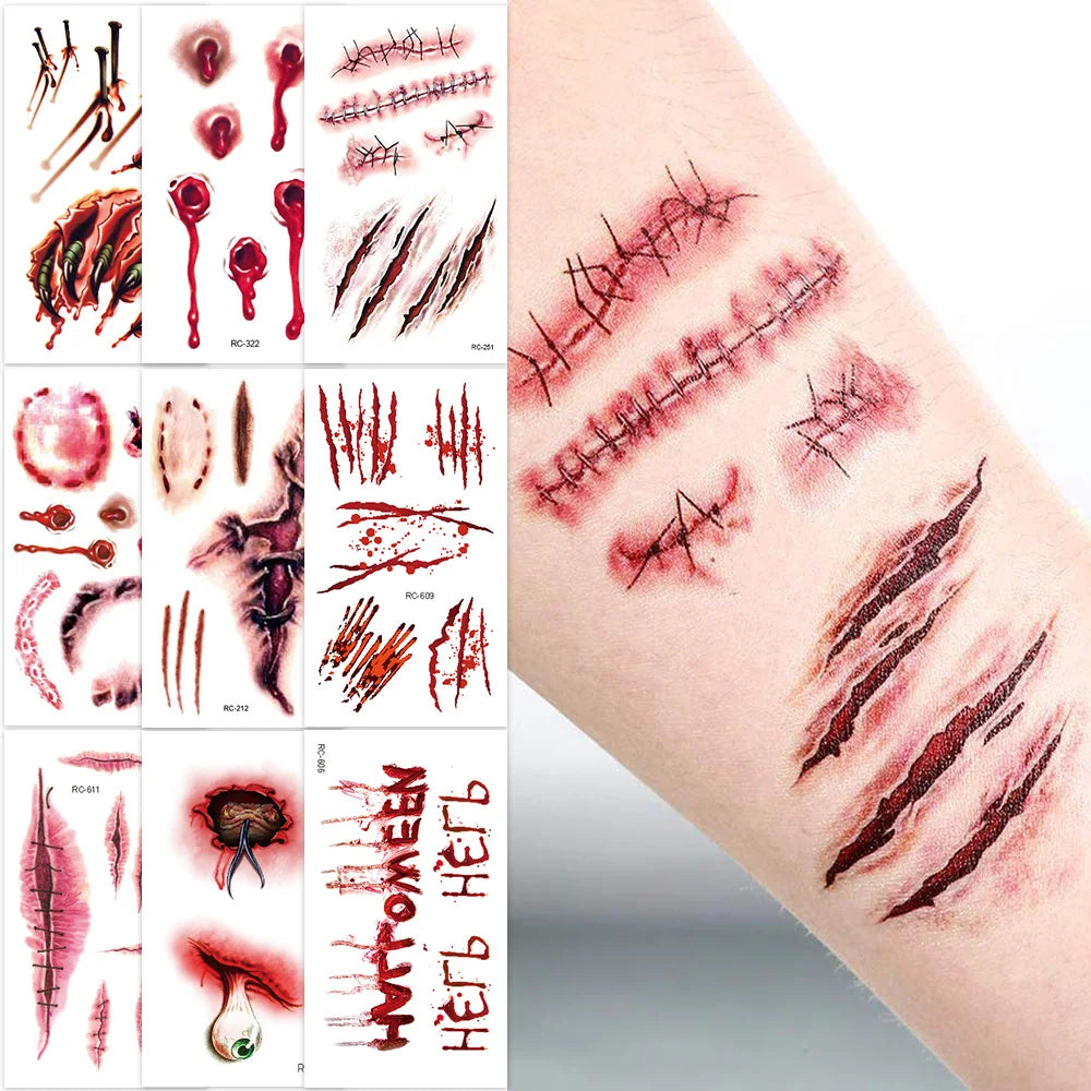 24Sheets Halloween 3D Fake Scar Temporary Tattoos for Adutls, Horror Fake Tattoos Fake Bloody Wound Temporary Zombie Tattoos For