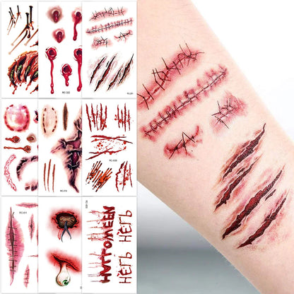 24Sheets Halloween 3D Fake Scar Temporary Tattoos for Adutls, Horror Fake Tattoos Fake Bloody Wound Temporary Zombie Tattoos For