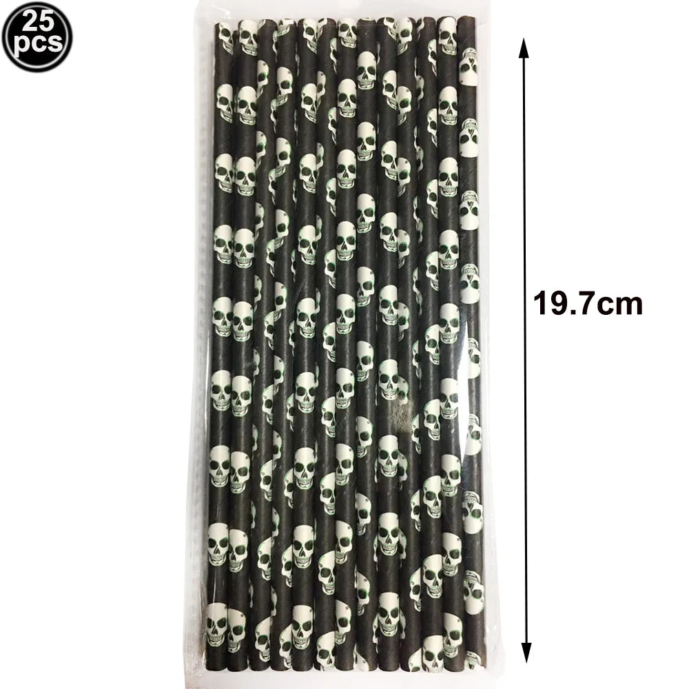 25/50/100pcs Halloween Theme Disposable Paper Straws Spider Skull Pumpkin Bat Pattern Happy Halloween Party Decor Supplies